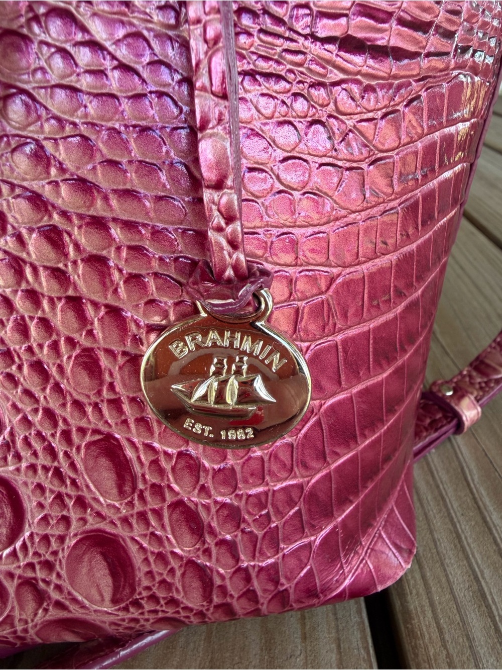 Brahmin Metallic Pink Croc-Embossed Satchel Bag - Picture 4 of 15